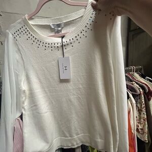 Halston Heritage Cream Crewneck Sweater with Rhinestone Trim